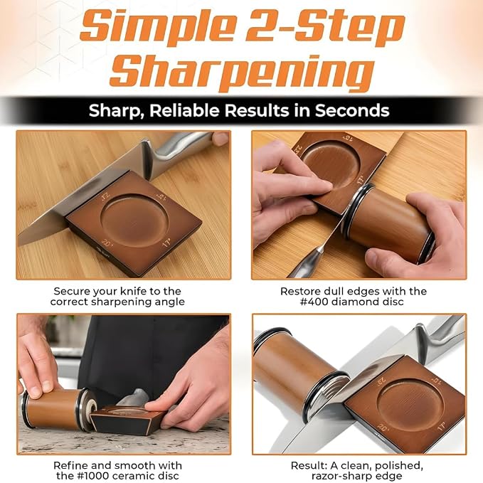High Carbon Stainless Steel Rolling Knife Sharpener with 400, 1000 & 3000 Replacement Discs - Blunt Knife Sharpening Kit with 15 and 20 Degree Sharpening for Kitchen & Chef's Knives (BRONZE)