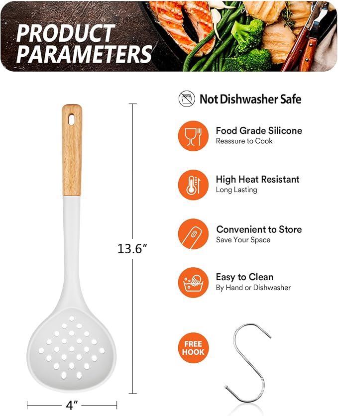 Kitchen Ladle Strainer, Large Slotted Spoon with High Heat Resistant BPA Free, Non Stick Cooking Skimmers For Draining & Frying, 13.2inch (White)
