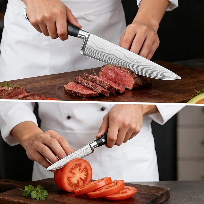 2PCS Chef Knife Set, Razor Sharp Japanese Kitchen Knife Set, High Carbon Steel Damascus Pattern Chef's knives, Cooking Knife with Full Tang Handle Design for Home Kitchen