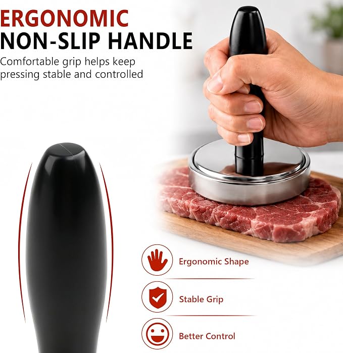 Meat Pounder Tenderizer, Solid Stainless Steel Meat Flattener & Smash Burger Press, Heavy-Duty Round Base Flattens Chicken, Steak, Pork Chops, and Smash Burgers with Less Effort