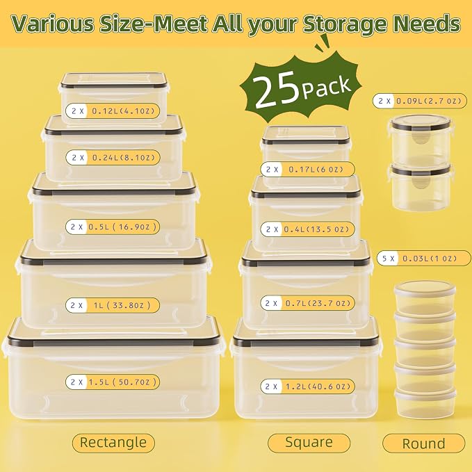 50 PCS Food Storage Containers with Lids Airtight (25 Lids & 25 Containers) | Reusable Plastic Leakproof Meal-Prep Container for Kitchen Storage Organization Microwave/Dishwasher Safe with Labels & Pen