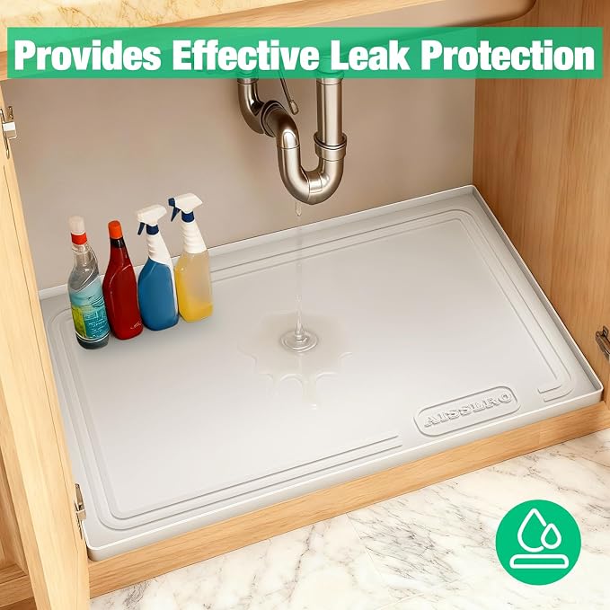 Under Sink Mat 34" X 22", Waterproof Silicone Cabinet Kitchen Liner, Beige | BPA-Free Raised-Edge Cabinet Protector & Leak Tray for Bathroom Cabinets, Boots, Pet Feeding Dog & Cat Mats, Dishwasher Safe