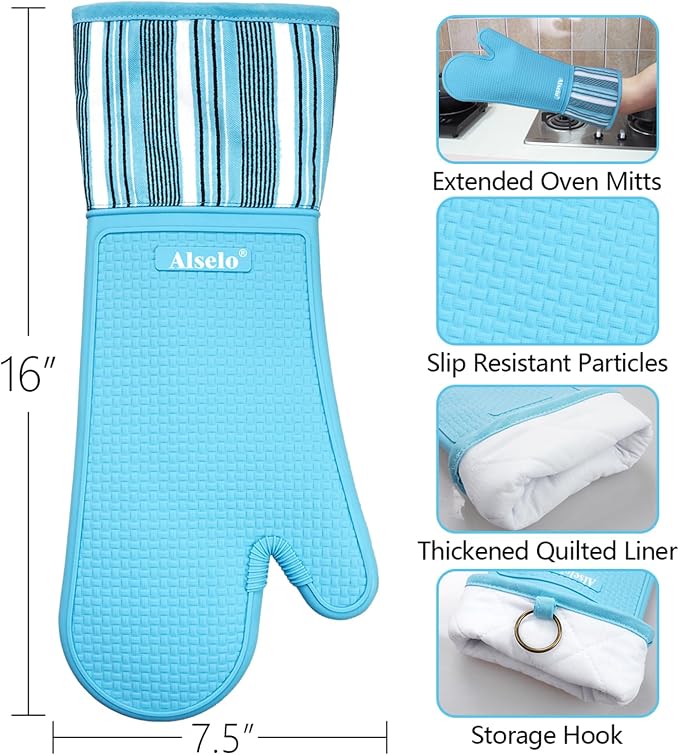 Alselo Oven Mitts Heat Resistant Silicone Kitchen Gloves for 550 Degrees with Waterproof and Non-Silp, Oven Gloves for Baking Cooking Barbecue Microwave Machine Washable (2, Extra Long Sapphire)
