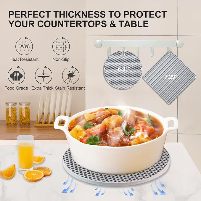 4 PCS Heat Resistant Silicone Trivet Mat for Hot Dishes, Hot Pots and Pans | Multipurpose Non-Slip Hot Pads Pot Holders for Kitchen Countertops Table, Spoon Rest, Food Grade Silicone & BPA Free, Grey