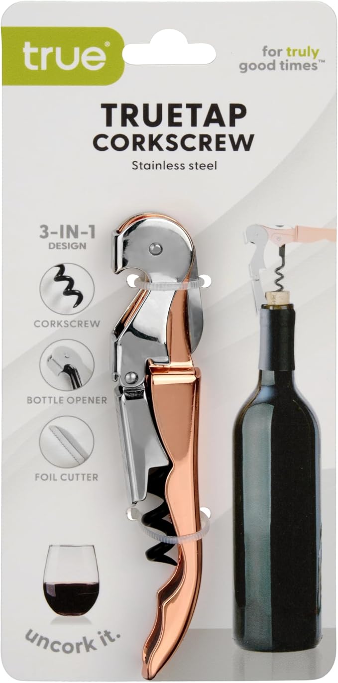 True Truetap Double Hinged Waiter's Corkscrew Wine Opener, Stainless Steel Wine Bottle Opener with Built In Foil Cutter, Home Bar Tools, Bar Cart Accessories, Wedding Gifts, Set of 1, Rose Gold