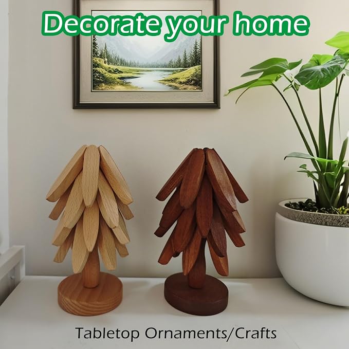 Premium Wooden Trivets Set of 4 - Auto Unfold Tree Design Hot Pot Holders & Countertop Protectors | Walnut Wood