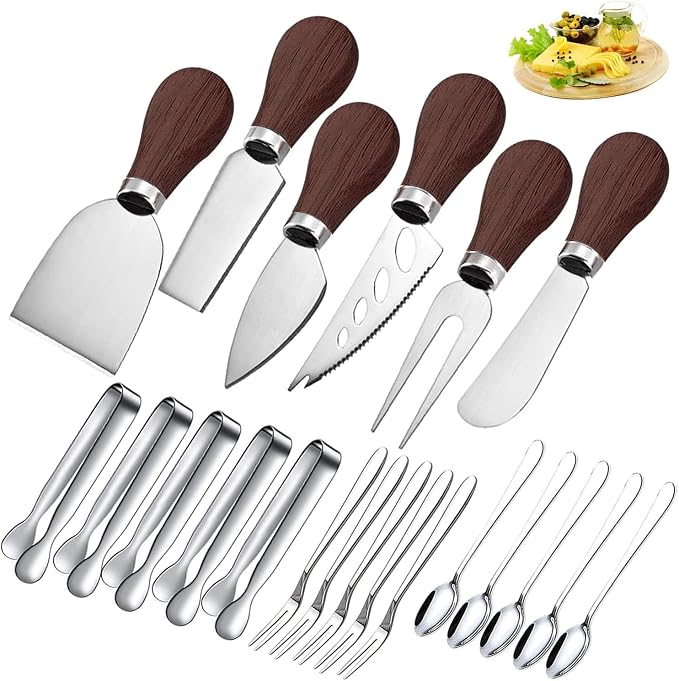 Spreader Knife Set for Cheese Butter, Stainless Steel with Wooden Handles, 6-Piece Party Wedding Christmas Charcuterie Board Accessories, Mini Serving Tongs Spoons Forks Set