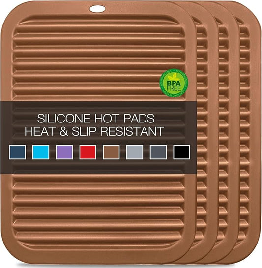 4 Pack Silicone Trivets for Hot Dishes Large 446°F Heat Resistant Pot Holder Hot Pads for Kitchen 9'' x 12' Brown Silicone Trivet Mat for Hot Pots and Pans, Jar Opener, Drying Mat