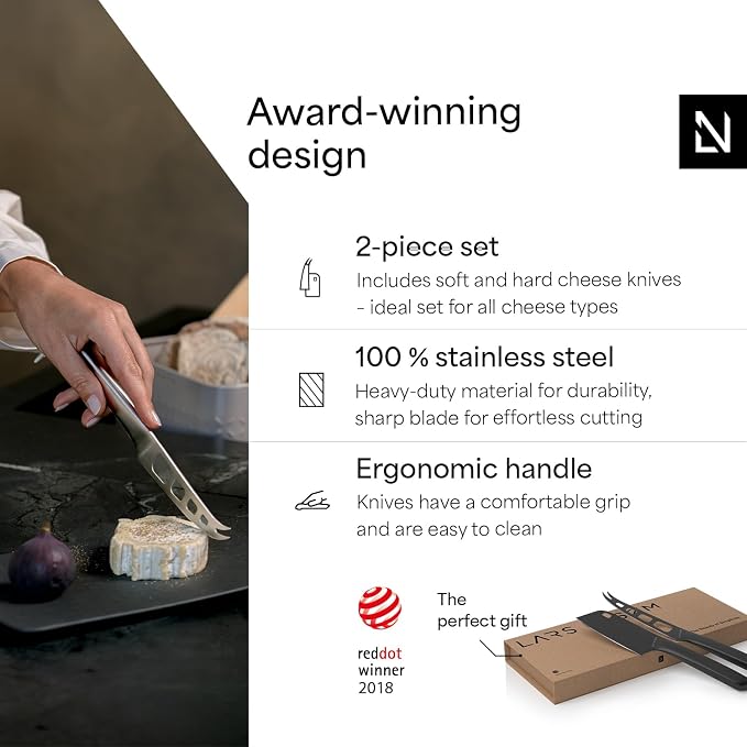 LARS NYSØM Cheese Knife Set Edge 2 pcs. I Cheese Knife Set Made of Stainless Steel I Premium Gift Box I Perfect as Christmas Gift (Carbon Black)