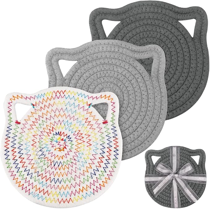 7" Pure Cotton Trivets Set with 0.35" Thick (3 Pcs, Grey) | Tightly Woven, Machine Washable, Heat Resistant, Cute Cat Kitchen Accessories for Hot Dishes Pots Pans, Decor, Gift