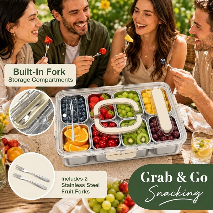 Snackle Box Container, Stainless Steel Divided Serving Tray with Lid, Handle and Forks