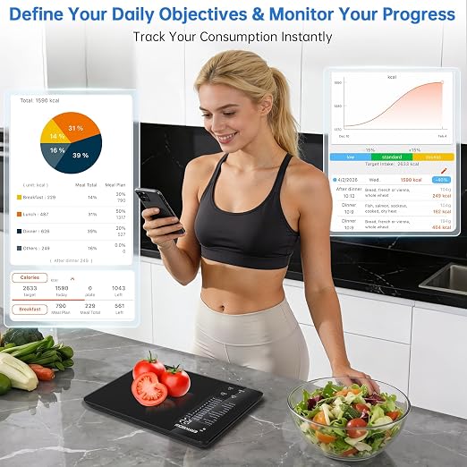 Smart Kitchen Food Scale, Nutrition App Tracks Calorie & Macros, 10kg/22lb | Powered by USDA Database; 30+ Nutrients in App; 12 Stats On-Screen; Visual Progress Charts; Dedicated Coffee Mode