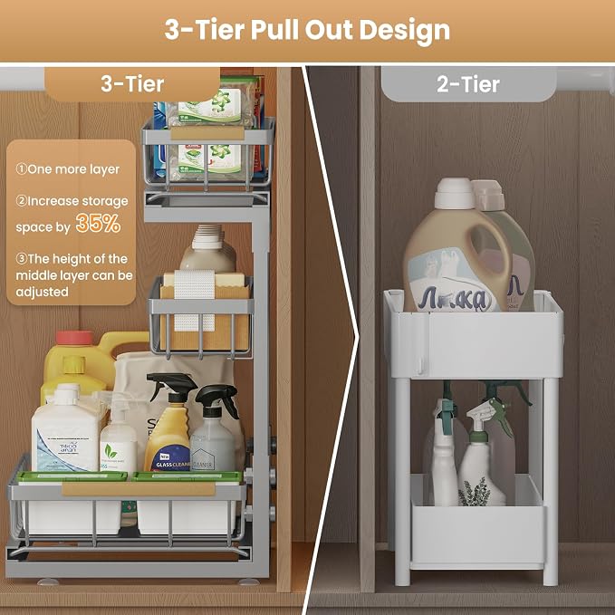 Under Sink Organizer and Storage for Bathroom and Kitchen - 2 Pack 3 Tier | Cabinet Pull Out Shelf Organizers - Slide Out Drawer Organization for Home Cabinets Shelves and Drawers