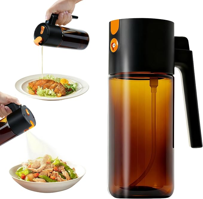 Olive Oil Spray Bottle Dispenser, 2-in-1 Glass Material Kitchen Cooking Oil Sprayer, 17 oz/500 ml Cooking Spray, Glass Spray Bottle with Tipper, Food Grade Spray for Kitchen, Salad, Frying, Barbecue