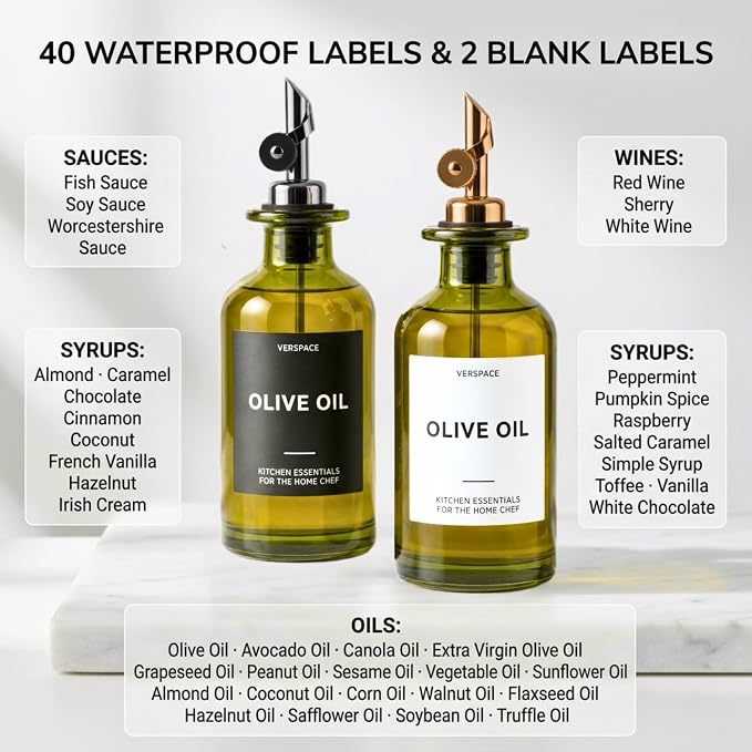 Verspace UV-Protected Green Glass Olive Oil Dispenser Bottles For Kitchen - 2 Pack - 17oz Includes 40 Kitchen Essential Labels, Avocado Oil Dispenser Set, Modern Decor for Home, Airbnb, Cafe