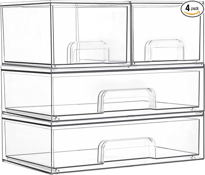 Vtopmart Clear Stackable Storage Drawers Set of 4, Plastic Organizer Bins | Multi-purpose Boxes for Bathroom Accessories, Beauty Supplies, Ideal for Cabinet, Shelf, Pantry, Laundry Room Organization
