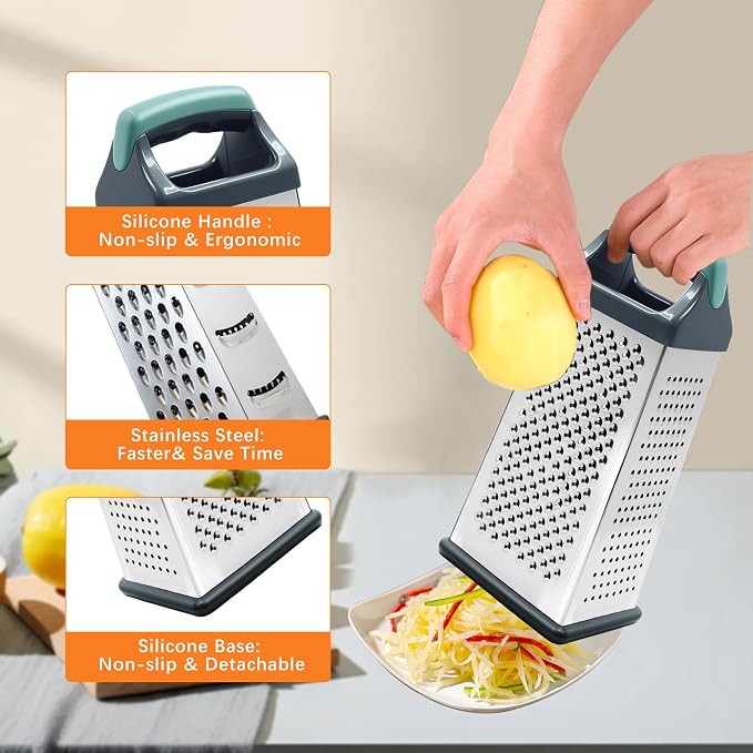 Box grater for kitchen 4 Sided - Cheese Graters Handheld, Stainless Steel Shredder for Food Vegetable Carrot Potato Tomato