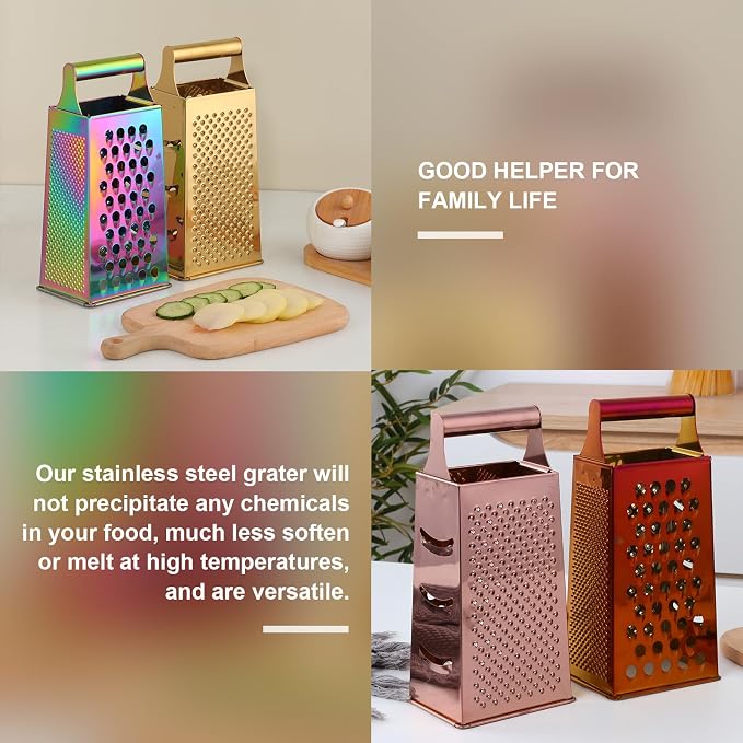 Handheld Cheese Grater Box for Kitchen, Stainless Steel 4 Sided Cheese Grater with Handle for Grinding Shredding & Slicing, Dishwasher Safe (Sunset Red)