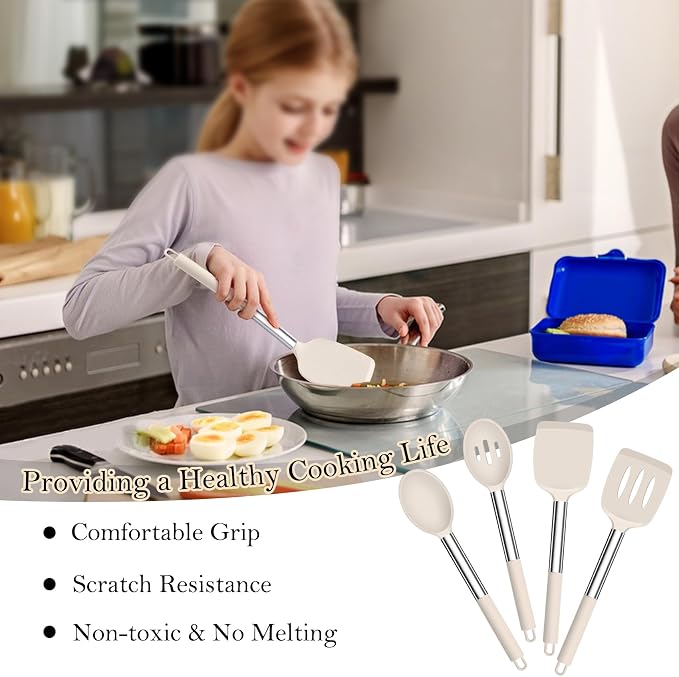 TeamFar Kitchen Utensils, 4 PCS Silicone Cooking Utensils Spatula Spoon Set with Stainless Steel Handle, for Frying Mixing Draining Turning, Healthy & Heat-proof, Non-stick & Dishwasher Safe - Khaki