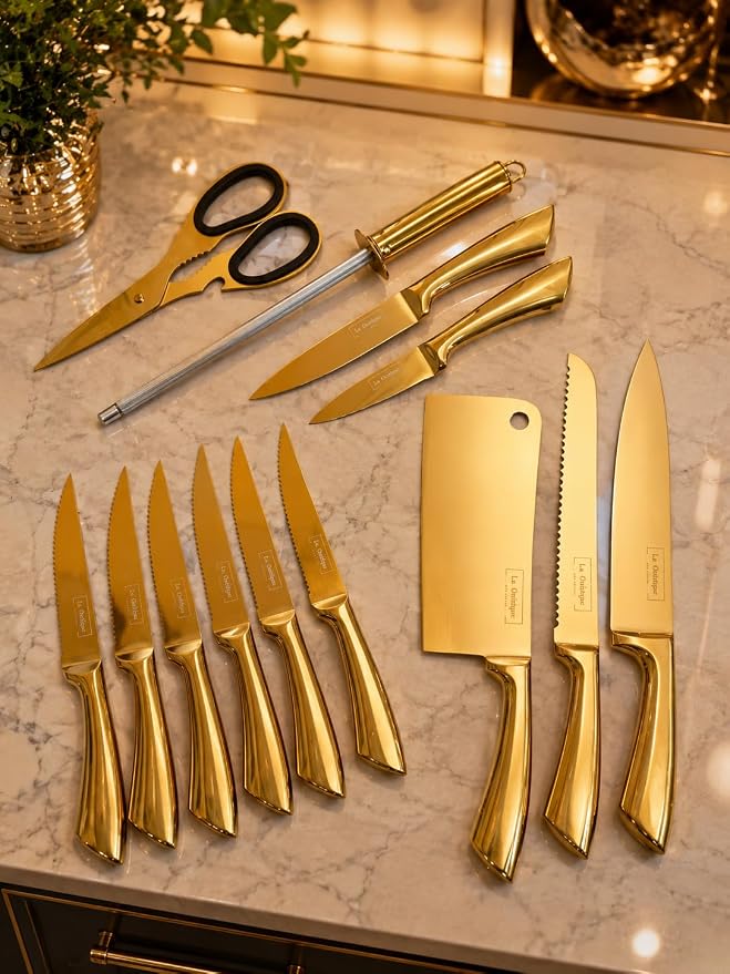 La Onirique 13-Piece Gold Kitchen Knife Set with Olive Wood Knife Block with Glass Panels, 5Cr15 Stainless Steel Chef Knife Set, Steak Knives, Cleaver, Bread Knife, Kitchen Scissors