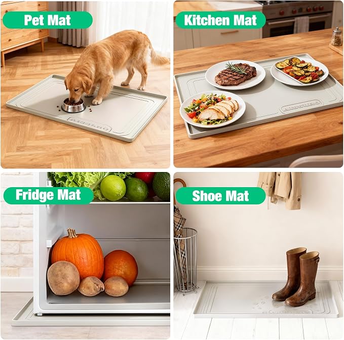 Under Sink Mat 25 X 19, Waterproof Silicone Cabinet Kitchen Liner, Beige | BPA-Free Raised-Edge Cabinet Protector & Leak Tray for Bathroom Cabinets, Boots, Pet Feeding Dog & Cat Mats, Dishwasher Safe