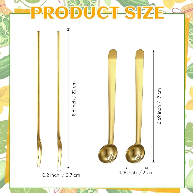 Didaey 4 Pcs Pickle Fork and Olive Spoon Strainer Set Stainless Steel Long Handle Pick Jar Serving Spoon with Drain Hole Prong for Onion Cucumber Arugula(Stylish Style)