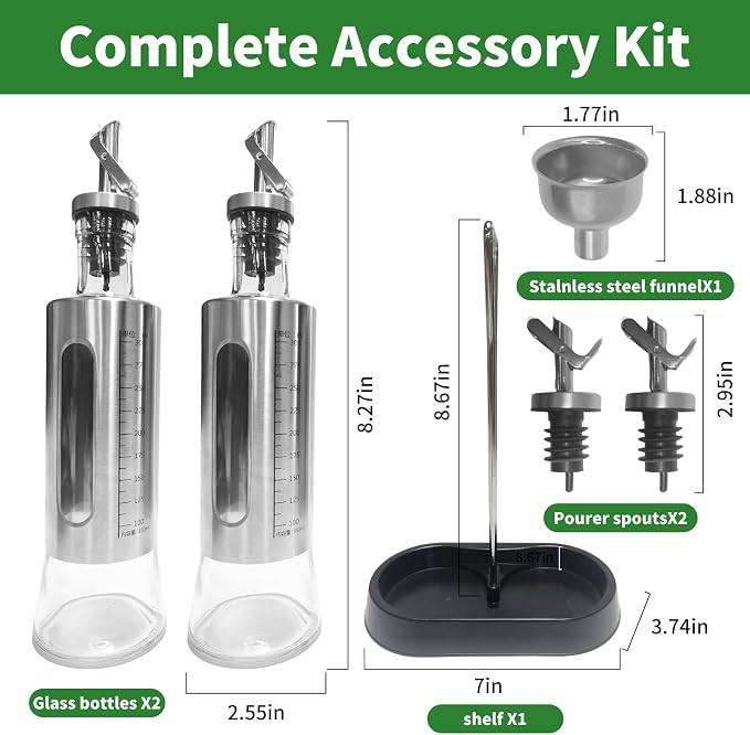 10oz/300 ml Oil and Vinegar Dispenser Set with Tray, 2 Pack Oil Dispenser | Vinegar and Sauce Bottle Wrapped in Stainless Steel Shell with Pourer and Funnel for Kitchen Cooking