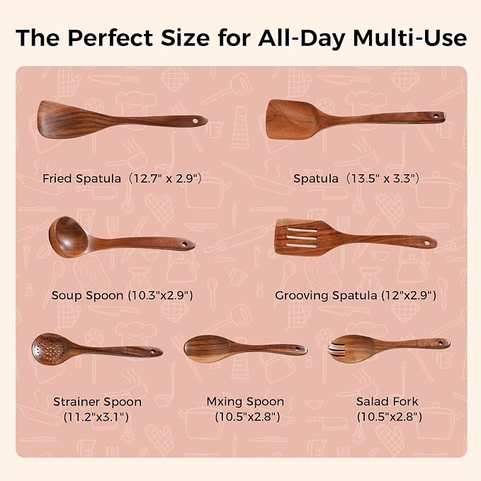 Wooden Spoons for Cooking - 7 Pieces Wooden Kitchen Utensils Set, Smooth Natural Teak Wood Utensil Set, Nonstick Heat-Resistant Cooking Utensils - Lightweight & Sturdy, Wooden Spatula for Cooking