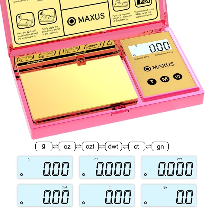 Digital Gram Scale with 200g x 0.01g Capacity | Stylish Pink Plated Shining Cover and Platform, Mini Pocket Scale for Food and Jewelry