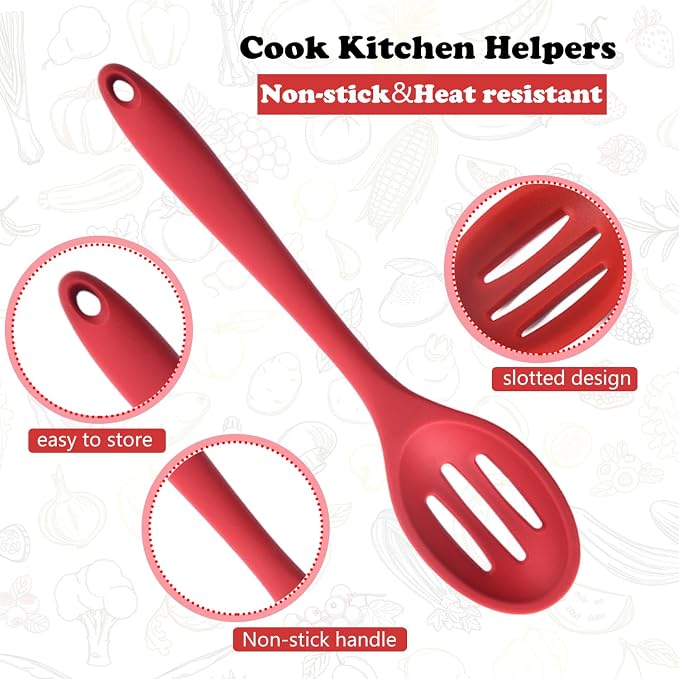 Linwnil 4 Pieces Silicone Slotted Spoons,10.6 Inch Nonstick Mixing Serving Spoons for Kitchen Cooking Bake Stir Draining Tool (8, Multicolor)