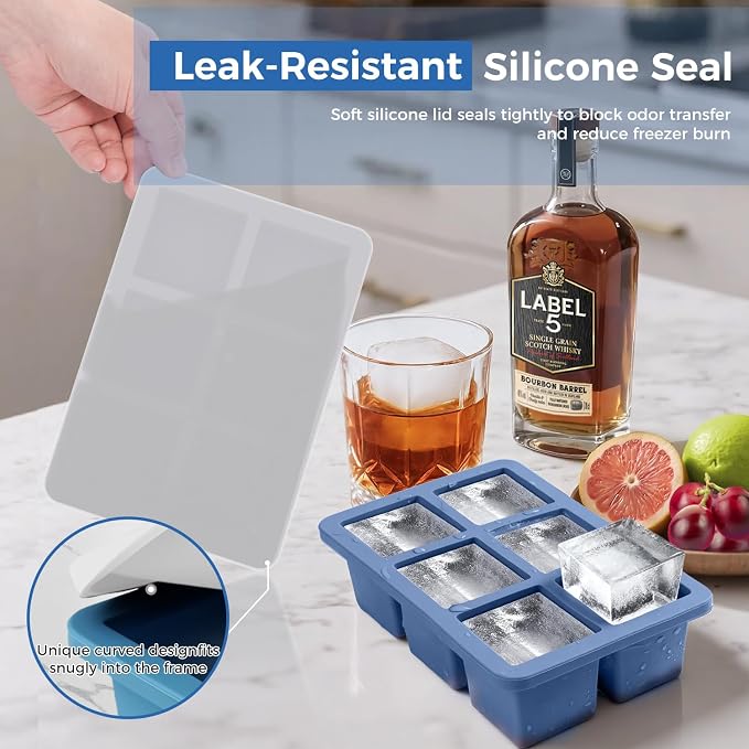 mossime Silicone Ice Cube Tray: 4pack Square Whiskey Large Ice Cube Molds - Old Fashioned Ice Cube Trays with Lid - 2inch Easy Release Big Freezer Mold for Cocktail Food Soup & Juice