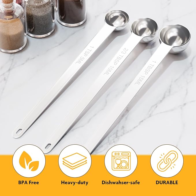LEIFENY 2PCS 1Tsp(1/3tbsp, 5ml) Extra Long Handle Measuring Spoon, Single Stainless Steel Individual Measure Scoop Only