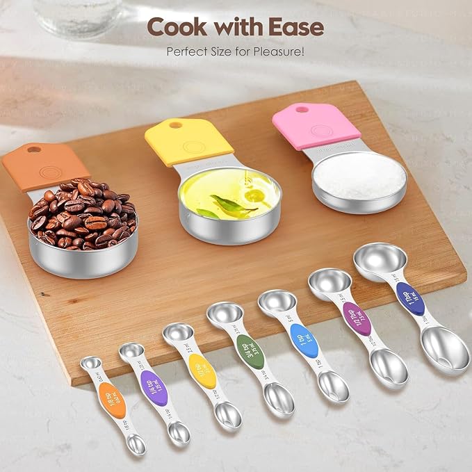Magnetic Measuring Cups and Spoons Set, N52 Magnetic Nesting Design magnetic spoons, 304 Stainless Steel measuring cups, Dual-sided Design Set of 15 with Leveler for Dry & Liquid Ingredients
