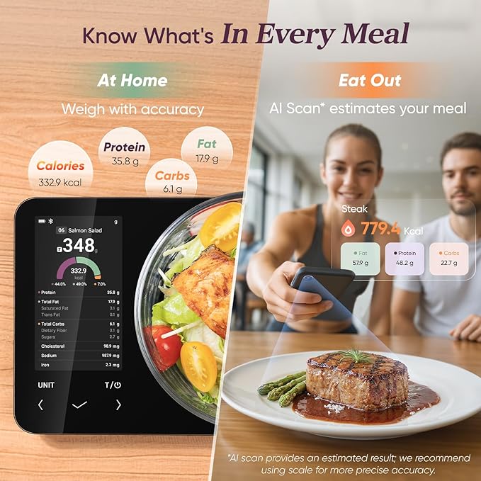 Cosori Smart Food Scale with Nutritional Calculator, USB Rechargeable, 11lb | AI Food Scan, Barcode Scan, 50 Food Preload, Free APP with 19 Nutrients, Calorie & Macro Tracking for Weight Loss