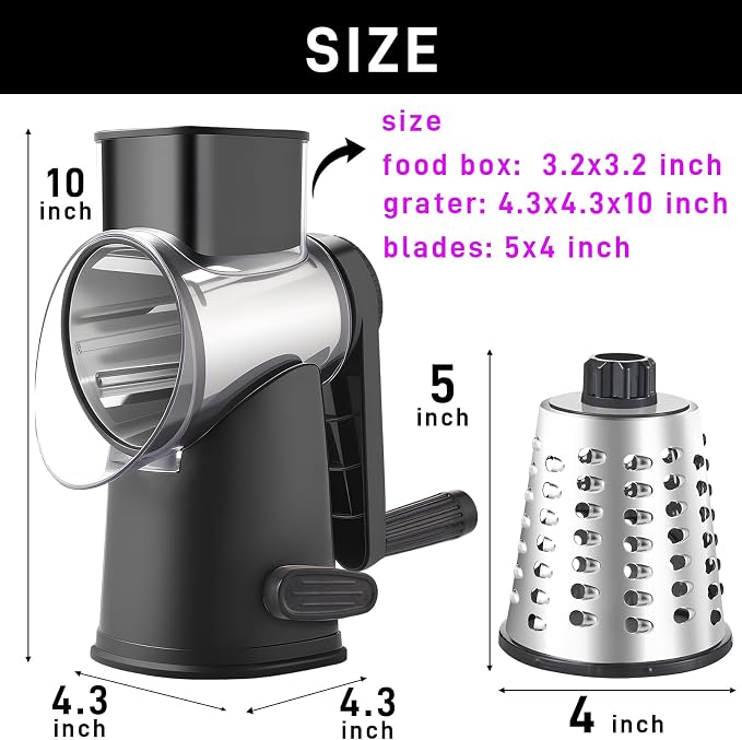 Weltonhm Rotary Cheese Grater with 4 Blades, Large Hand Crank Cheese Grater with Waffle Slicer, Black and White Cheese Slicer with Suction Base, Easier for Shredding& Grating (black, 4 Graters)