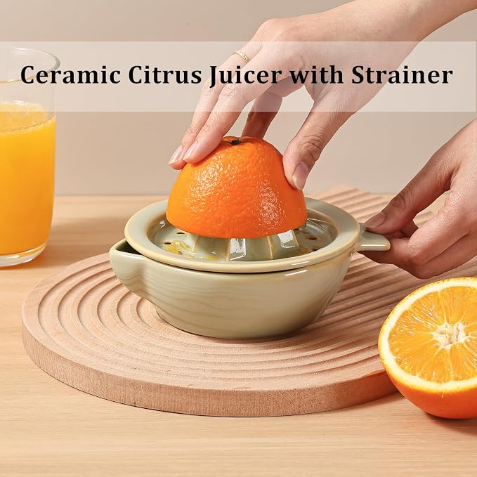 Ceramic Citrus Lemon Orange Juicer Manual Squeezer, Hand Juicer Reamer Rotation Press with 6.8oz Bowl, Strainer Lid, Spout, Handle, Dishwasher Safe, Easy to Clean