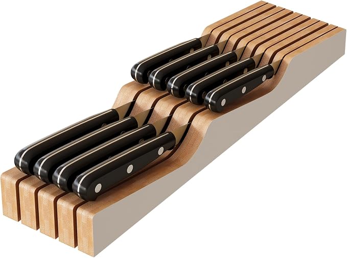 In-Drawer Knife Block Organizer - Bamboo Wood Drawer Knife Organizer-Protecting Knife Organizer Block (Not Included) (White, 9 Knives Dock)