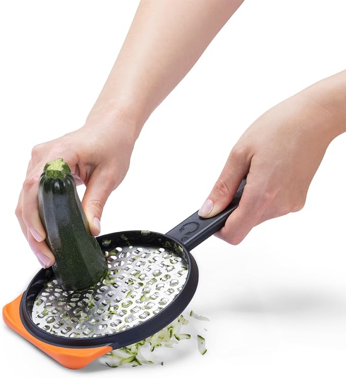 Dreamfarm Ograte Double Sided Cheese Grater - 6mm Coarse Grating, Orange | Multi-directional handheld food and vegetable shredding plane with bowl hook and non-slip foot, flat for space-saving storage
