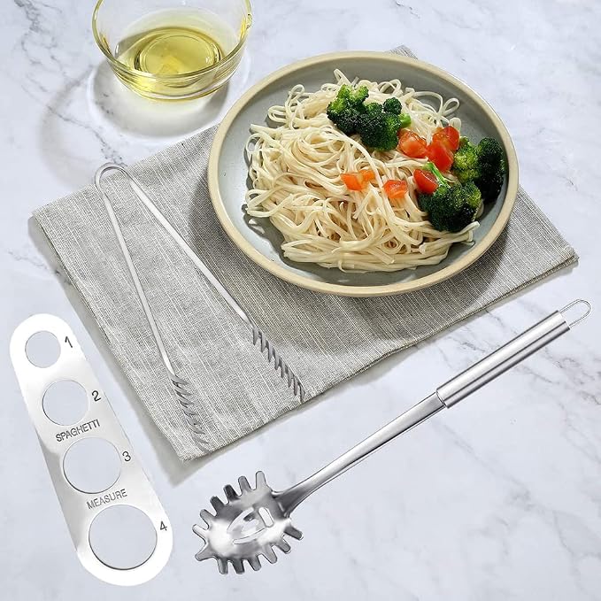 3 Pieces Stainless Steel Spaghetti Server Set | Pasta Tong, Spoon Server Fork, Measure Tool - Kitchen Cooking Utensil Set, for Noodles Serving Gadgets