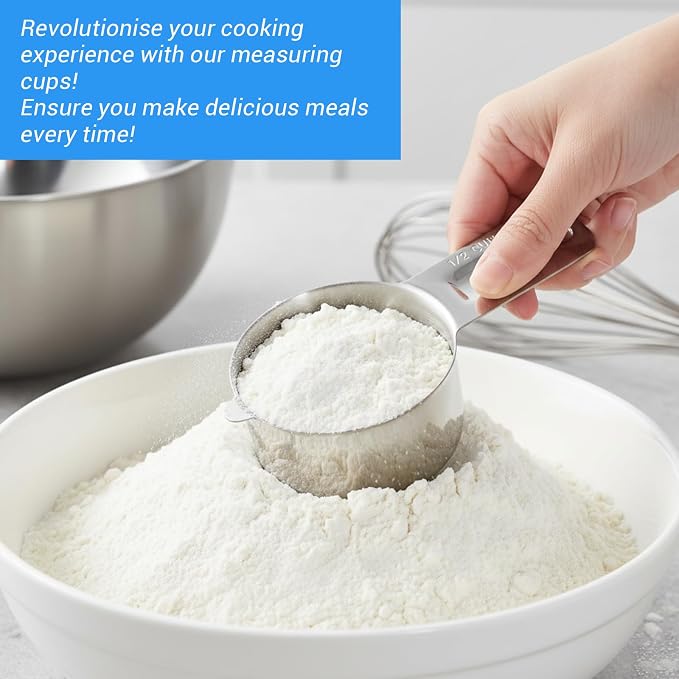6 Pcs Stainless Steel Measuring Cup Set Includes 3 Pcs 1Cup (240ml, 8oz) & 3 Pcs 1/2Cup (120ml, 4oz) Metal Measure Scoop with Etched Inner Scale, Metric and US Measurement, Dishwasher Safe