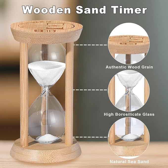 Wooden Sand Timers,30 Minute Stunning Glass Bamboo White Sand Hourglass for Productivity, Meditation & Decor, 30 Min Reloj De Arena for Kitchen, Office, Yoga, Game, Classroom