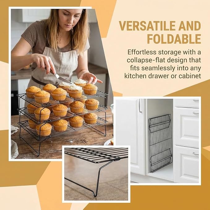 Collapsible Cooling Rack, Stainless Steel Rack for Cookie Baking (3-TIER) | Wire Cooling Rack for Baking, Cookies, Cake, Fruit, Bread,Roasting, Grilling, Drying Rack, Dishwasher Safe