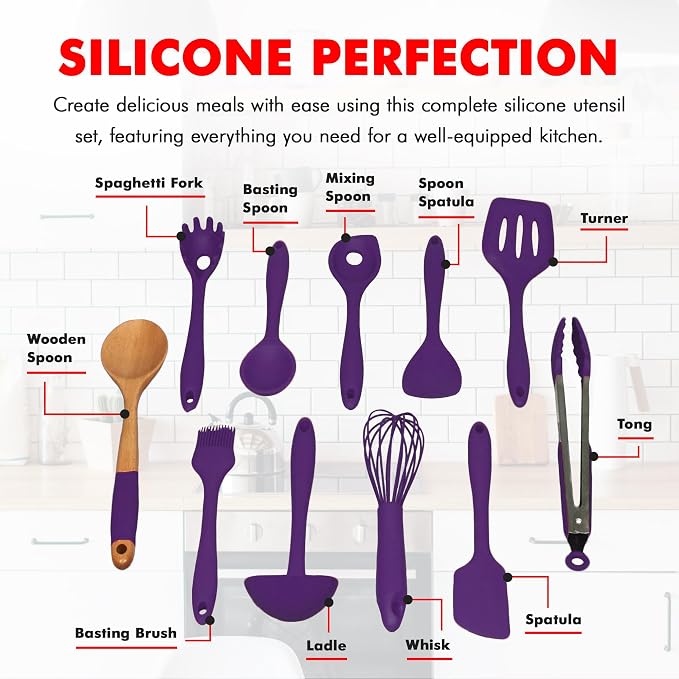 Chef Craft Premium Silicone Kitchen Tool and Utensil Set, 11 Piece, Purple