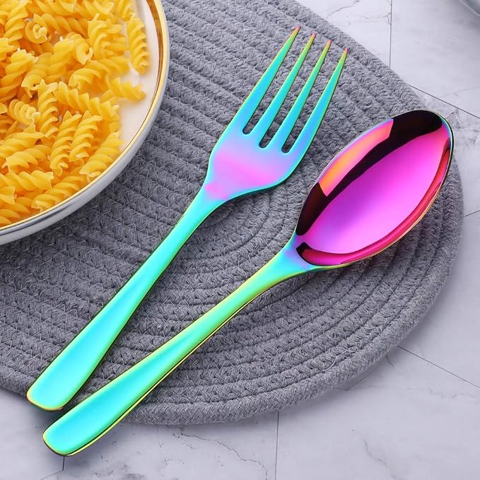 Long Handle Serving Set, 10 inch Stainless Steel Polished Serving Spoon, Fork, Slotted Spoons, Set of 3 (Rainbow)