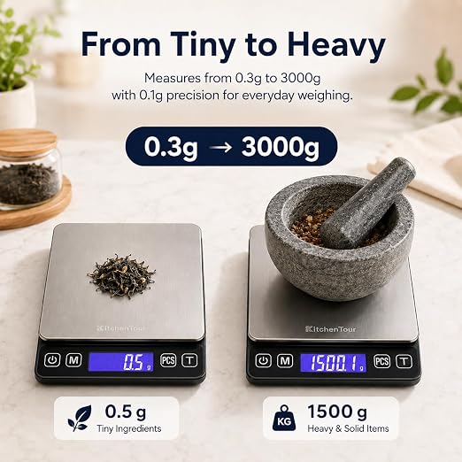 KitchenTour Digital Kitchen Gram Scale - 3000g/0.1g - High Accuracy Precision Food Scale with 9 Units(g/oz/ml/lb/lb:oz/gn/ozt/DWT/ct) - Meat Scale with Back-Lit LCD Display(Batteries Included)