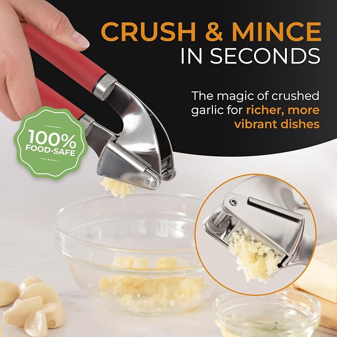 ORBLUE Garlic Press and Peeler Set, Stainless Steel - Professional Grade Mincer, Crusher - Dishwasher Safe & Rust-proof, Red