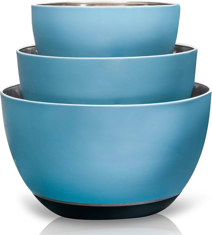 Stainless Steel Mixing Bowls Set, 3-Piece with Silicone Base | 1.5, 3 & 5 Qt Metal Bowls for Meal Prep, Baking, Cooking, Serving & Food Storage, Non-Slip Base, Dishwasher Safe, Blue