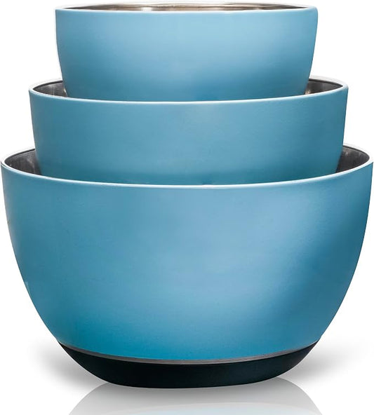 Stainless Steel Mixing Bowls Set, 3-Piece with Silicone Base | 1.5, 3 & 5 Qt Metal Bowls for Meal Prep, Baking, Cooking, Serving & Food Storage, Non-Slip Base, Dishwasher Safe, Blue
