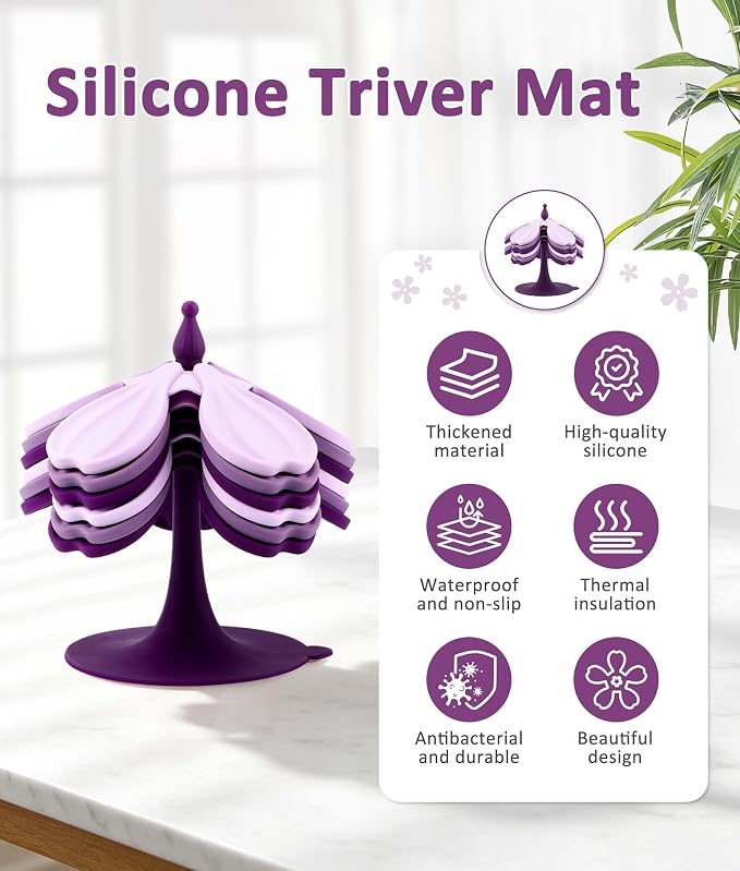 Silicone Trivet Mat - 6 Flower-Shaped Silicone mats + 1 Stand, Non-Slip & Heat Resistant Kitchen Hot Pads for Table & Countertop, Multifunctional Mats can Hold Coffee, Plates
