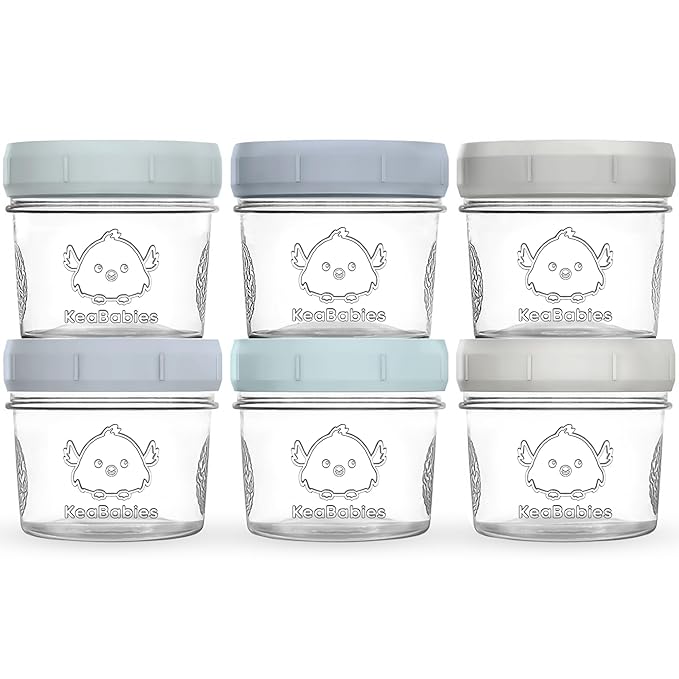 KeaBabies 6pk 4oz Glass Baby Food Containers with Lids, Leak-Proof (Slate) | Microwavable Small Glass Jars, Baby Purees, Toddler Snack Storage Containers, BPA-Free, Dishwasher-safe, Freezer Safe